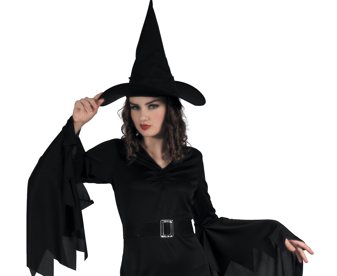 Role play-set for adult Black Witch (dress, hat, belt), size S